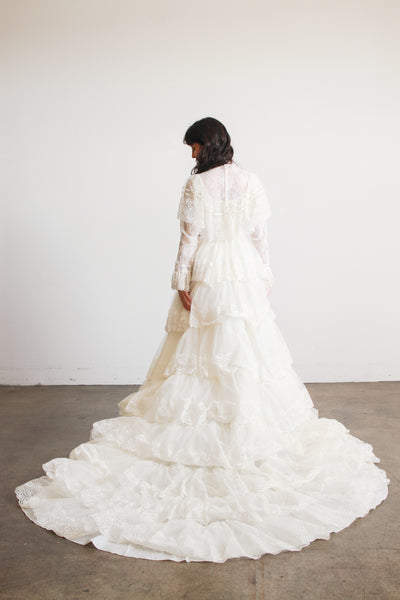 1970s Antique White Tiered Lace Gown