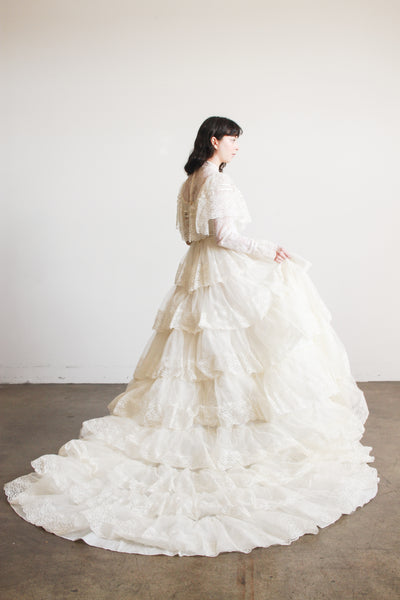1970s Antique White Tiered Lace Gown