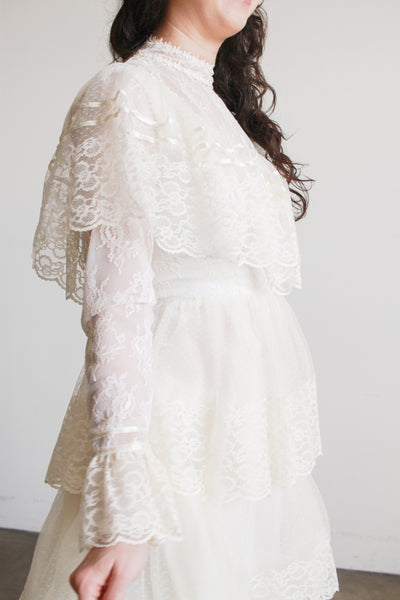 1970s Antique White Tiered Lace Gown