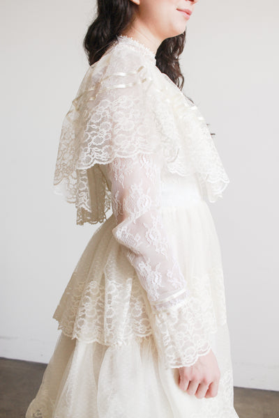 1970s Antique White Tiered Lace Gown