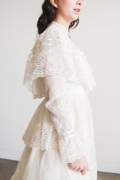 1970s Antique White Tiered Lace Gown