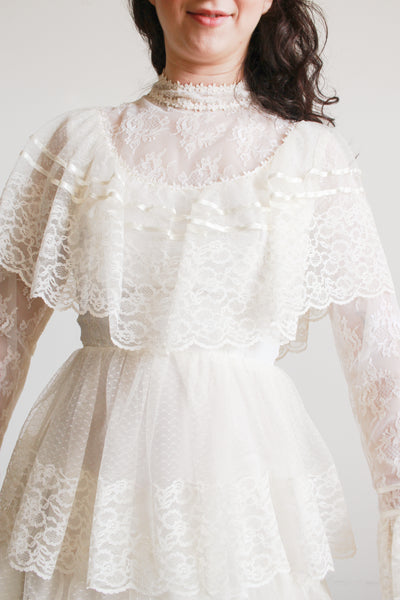 1970s Antique White Tiered Lace Gown