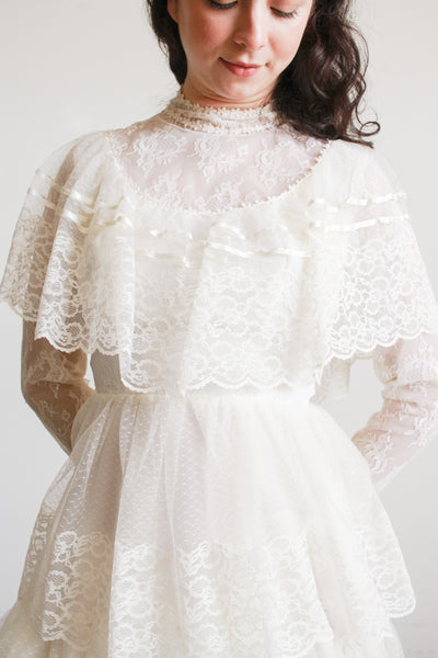 1970s Antique White Tiered Lace Gown