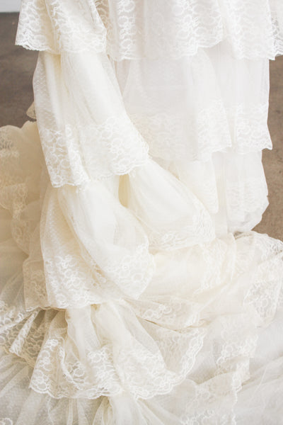 1970s Antique White Tiered Lace Gown
