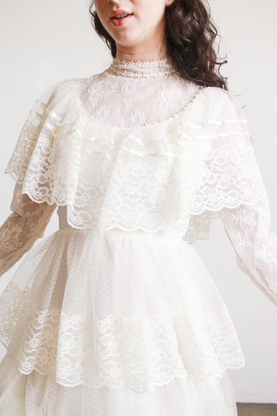 1970s Antique White Tiered Lace Gown