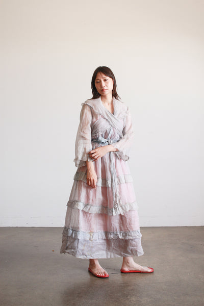 Antique Edwardian Blue Sheer Ruffled Organza Dress