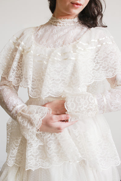 1970s Antique White Tiered Lace Gown