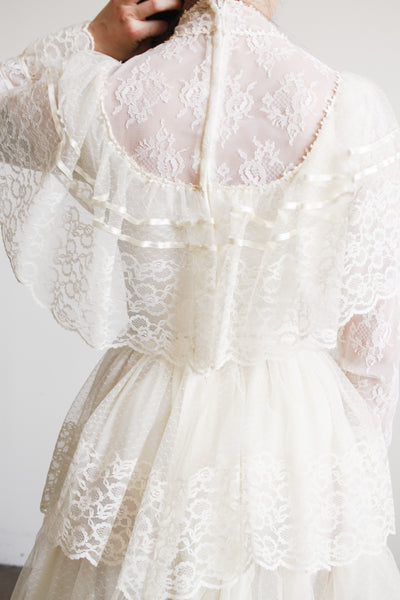 1970s Antique White Tiered Lace Gown