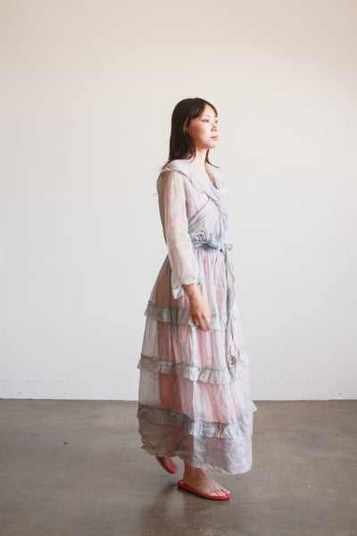 Antique Edwardian Blue Sheer Ruffled Organza Dress