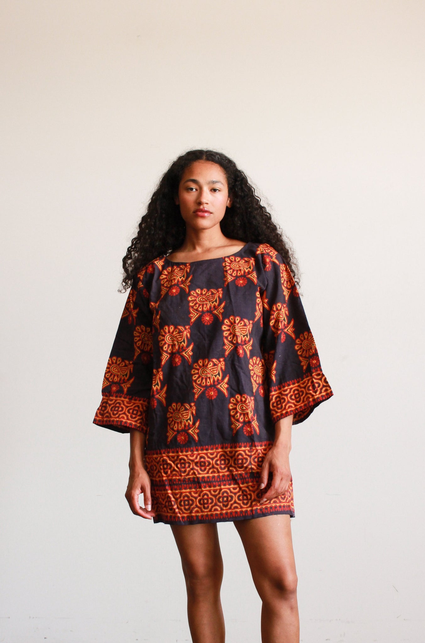 1970s Indian Block Print Cotton Mini Dress