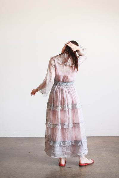Antique Edwardian Blue Sheer Ruffled Organza Dress