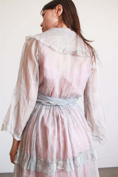 Antique Edwardian Blue Sheer Ruffled Organza Dress