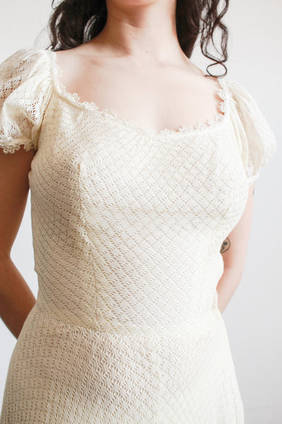 1970s Cream Cotton Puff Sleeve Crochet Dress