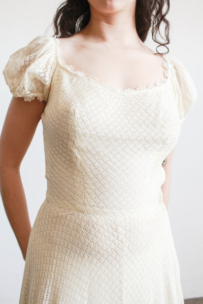1970s Cream Cotton Puff Sleeve Crochet Dress
