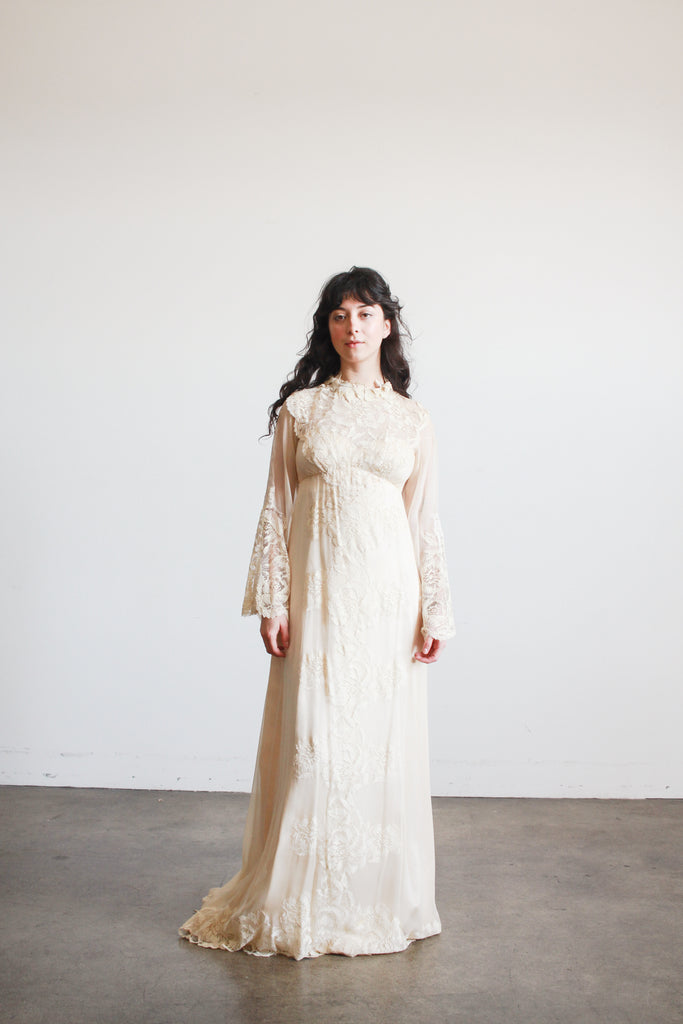 1960s Beige Silk Chiffon Lace Overlay Dress