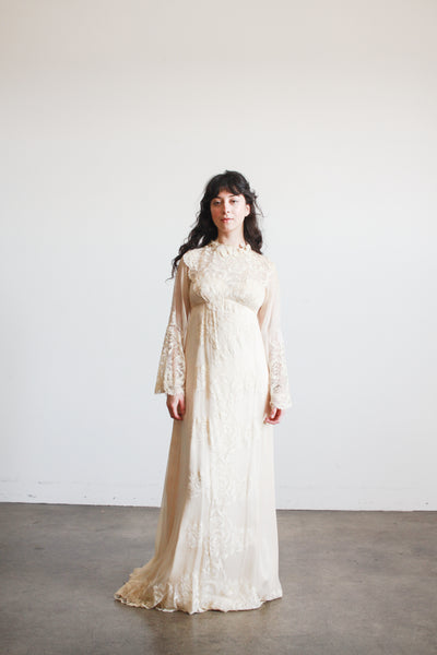 1960s Beige Silk Chiffon Lace Overlay Dress