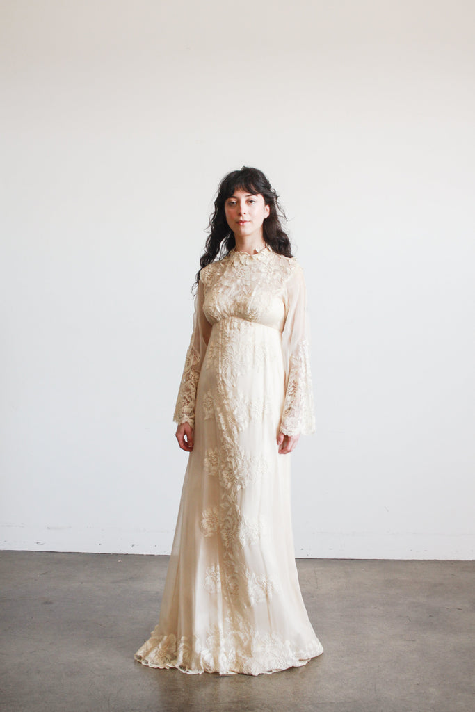 1960s Beige Silk Chiffon Lace Overlay Dress