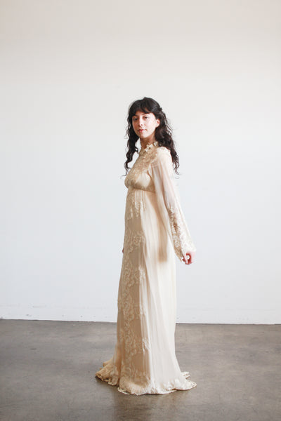 1960s Beige Silk Chiffon Lace Overlay Dress