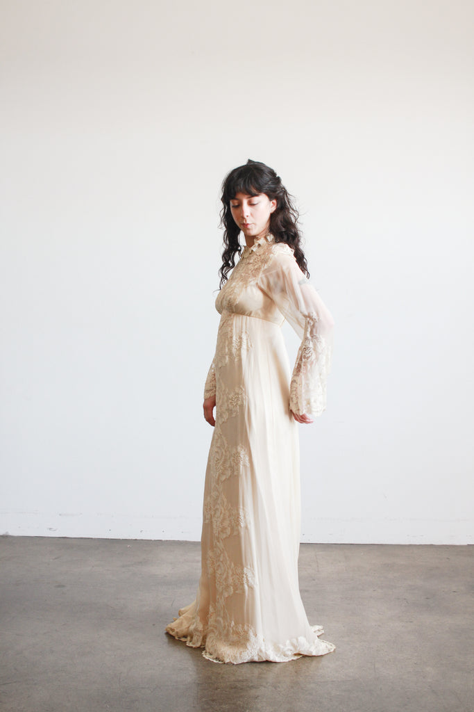 1960s Beige Silk Chiffon Lace Overlay Dress