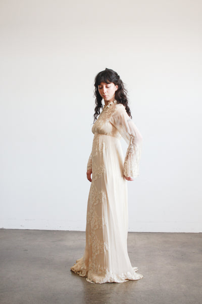 1960s Beige Silk Chiffon Lace Overlay Dress