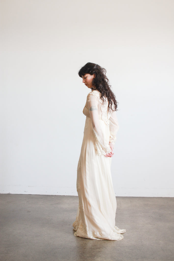 1960s Beige Silk Chiffon Lace Overlay Dress