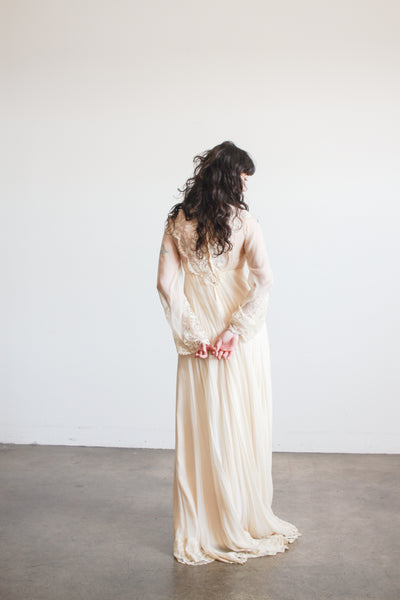 1960s Beige Silk Chiffon Lace Overlay Dress