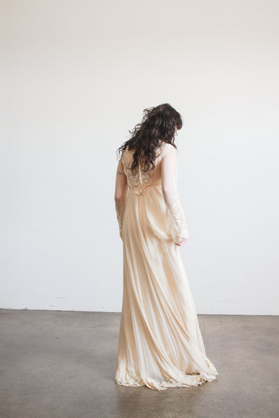 1960s Beige Silk Chiffon Lace Overlay Dress