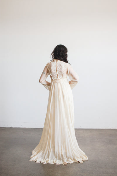 1960s Beige Silk Chiffon Lace Overlay Dress