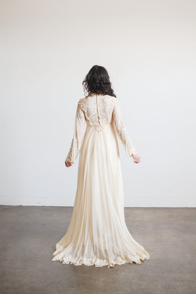 1960s Beige Silk Chiffon Lace Overlay Dress