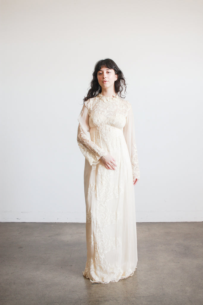 1960's chiffon dress Vintage 1960s Chiffon Maxi Dress: Floral Kimono Sleeve Mandarin Collar