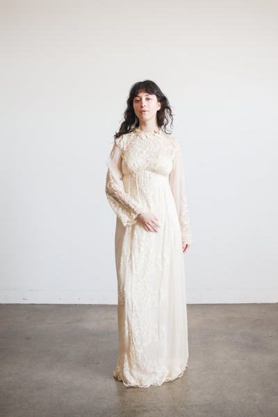 1960s Beige Silk Chiffon Lace Overlay Dress