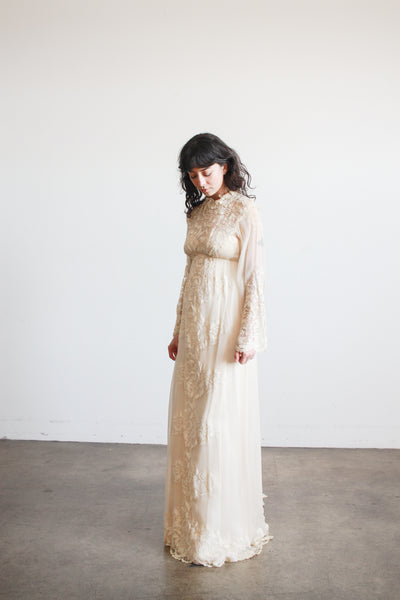 1960s Beige Silk Chiffon Lace Overlay Dress