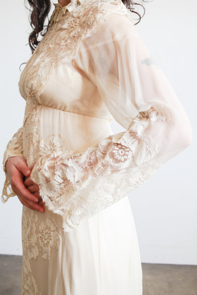 1960s Beige Silk Chiffon Lace Overlay Dress