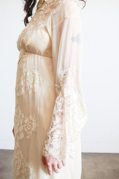 1960s Beige Silk Chiffon Lace Overlay Dress