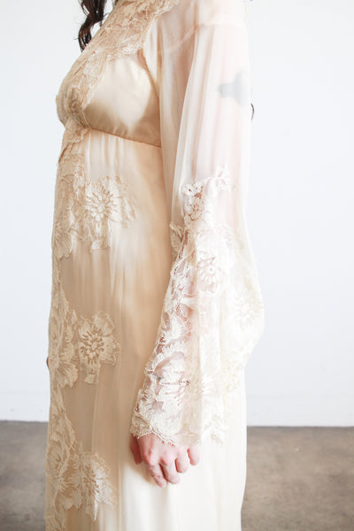 1960s Beige Silk Chiffon Lace Overlay Dress