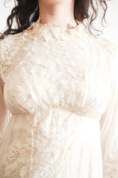 1960s Beige Silk Chiffon Lace Overlay Dress
