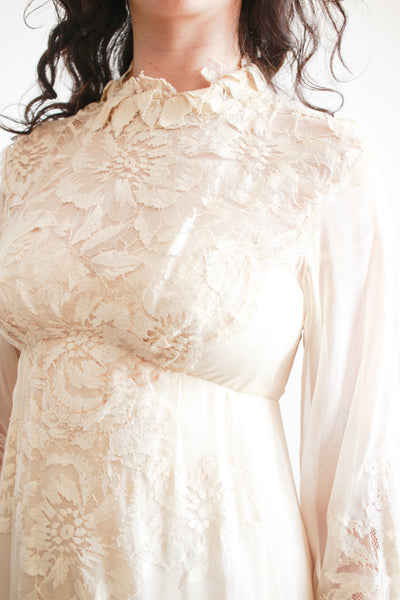 1960s Beige Silk Chiffon Lace Overlay Dress
