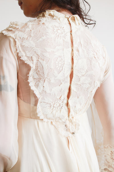 1960s Beige Silk Chiffon Lace Overlay Dress