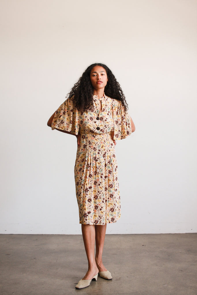 1930s Floral Print Silk Capelet Dress Blossom Vintage 1930s Floral Print Silk Capelet Dress Blossom Vintage
