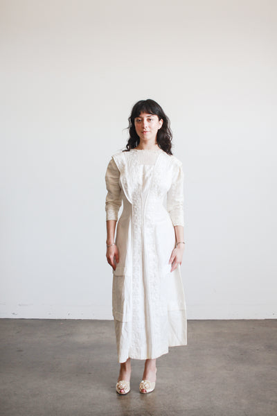 Edwardian Pearl White Cotton Embroidered Dress