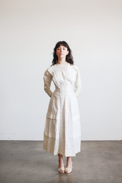 Edwardian Pearl White Cotton Embroidered Dress