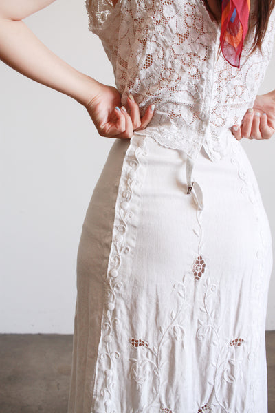 Victorian White Linen Embroidered Skirt