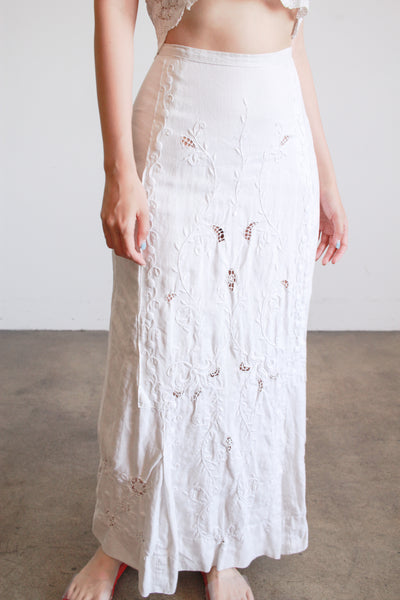 Victorian White Linen Embroidered Skirt