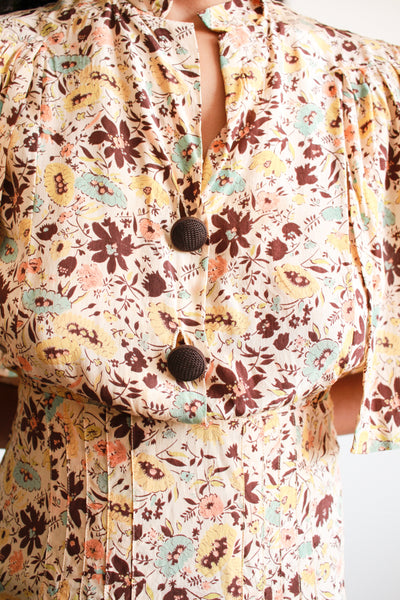 1930s Floral Print Silk Capelet Dress