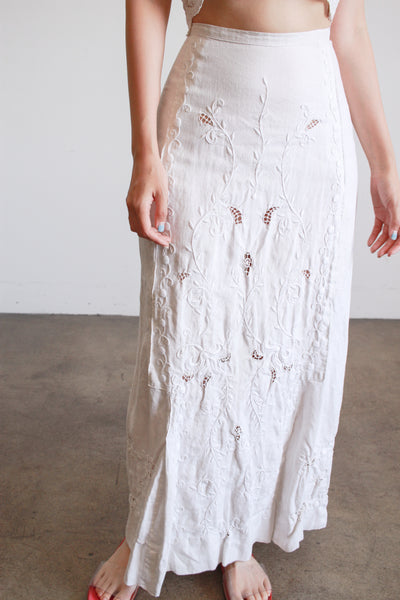 Victorian White Linen Embroidered Skirt