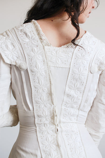 Edwardian Pearl White Cotton Embroidered Dress