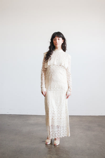 1970s Cream Lace Long Sleeve Bib Dress