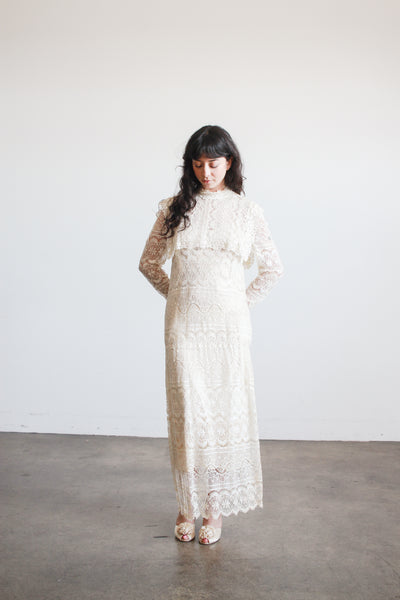 1970s Cream Lace Long Sleeve Bib Dress