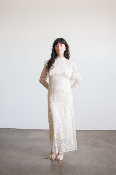 1970s Cream Lace Long Sleeve Bib Dress