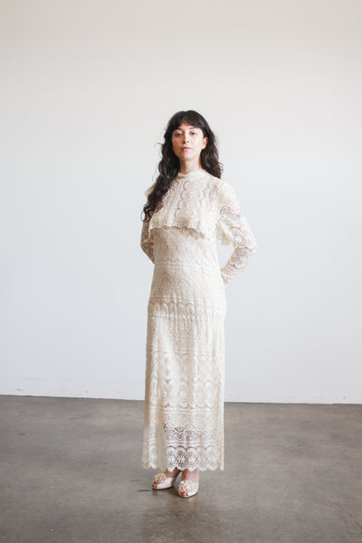 1970s Cream Lace Long Sleeve Bib Dress